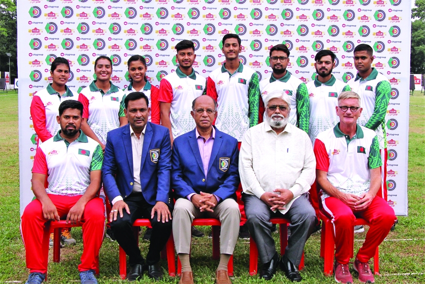 An eleven-member of Bangladesh archery team pose for photo session on Saturday to take part in the Archery World Cup 2022 State-1 scheduled to be held from April 18-24 in Antalya.