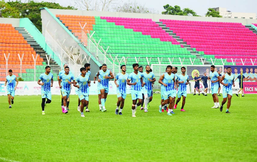 Members of Dhaka Abahani Limited during their practice session at Kolkata in India recently.