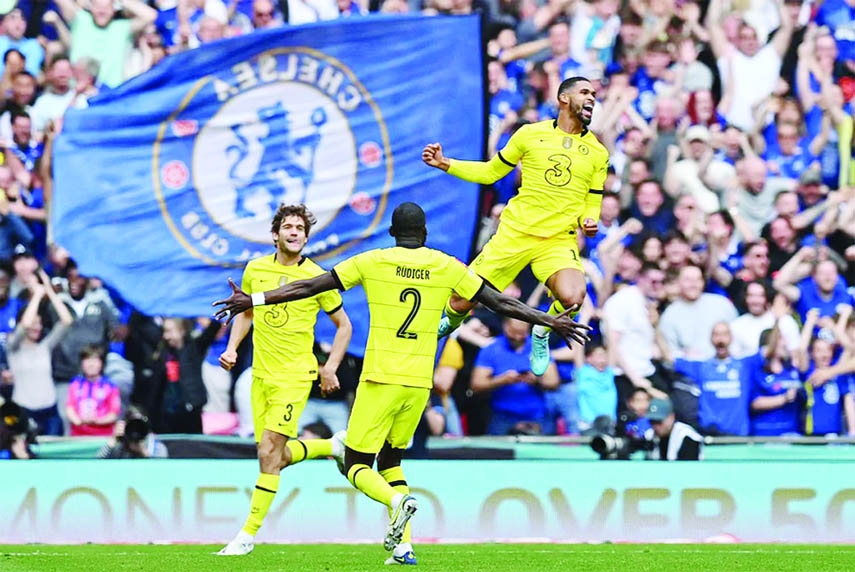 Chelsea's midfielder Ruben Loftus-Cheek (right) celebrates with teammates after scoring the opening goal of the English FA Cup semi-final football match between Chelsea and Crystal Palace at Wembley Stadium in north west London on Sunday.