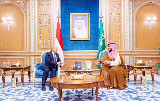 File Photo: Saudi Crown Prince Mohammed bin Salman receives Rashad al-Alimi, Chairman of the Yemeni Presidential Leadership Council in Riyadh.