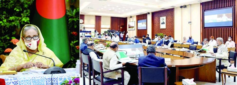 Prime Minister Sheikh Hasina presides over the ECNEC meeting at the NEC conference room in the city's Sher-e-Bangla Nagar through video conference from Ganabhaban on Tuesday. PID photo