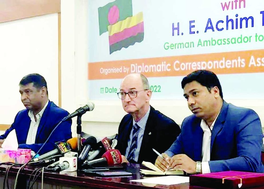 German Envoy to Bangladesh Achim Troester briefs the journalists at a DCAB talk at the Jatiya Press Club on Wednesday. NN photo