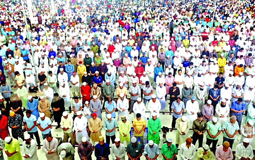 Thousands of Muslim devotees perform Jumatul Wida, the last Jumma during the holy month of Ramzan at the Baitul Mukarram National Mosque on Friday.