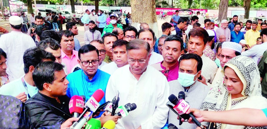 Information and Broadcasting Minister Dr. Hasan Mahmud talks to journalists after paying floral tributes on the coffin of former Finance Minister AMA Muhith at the Central Shaheed Minar in the city on Saturday.