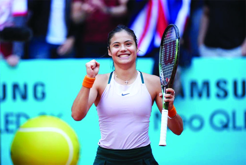 Emma Raducanu of Great Britain celebrates after the women's singles 1st round match against Tereza Martincova of the Czech Republic at Madrid Open in Madrid, Spain on Friday.