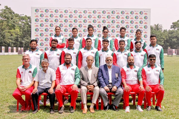 Members of Bangladesh Archery team with the officials of Bangladesh Archery Federation pose for a photo session at the Shaheed Ahsan Ullah Master Stadium in Tongi, Gazipur recently.