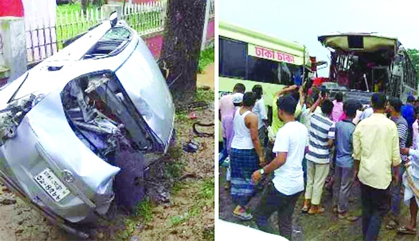 A private car gets mangled (left) and onlookers stand in front of a shredded passenger bus (right) as four buses and a car collided in Phulpur upazila of Mymensingh on Friday leaving at least 20 passengers injured.