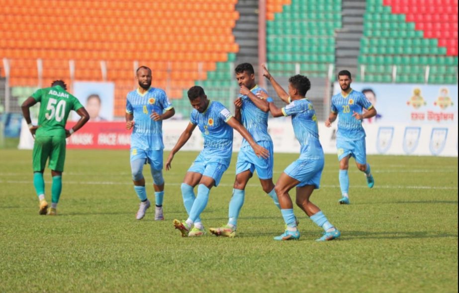 Players Abahani Limited, Dhaka celebrate after scoring a goal against Rahmatganj Muslim and Friends Society in their match of the TVS Bangladesh Premier League Football at Sylhet district Stadium in Sylhet on Saturday. Agency photo