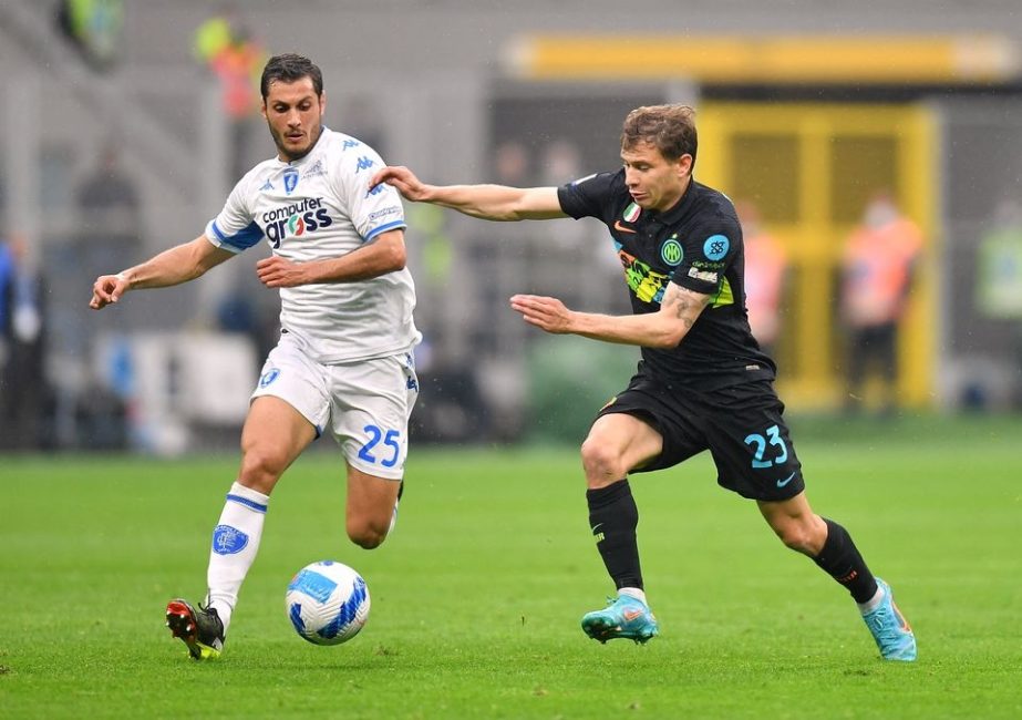 Inter Milan's Nicolo Barella (right) in action with Empoli's Filippo Bandinelli during the Serie A Football match at San Siro, Milan, Italy on Friday. Agency photo