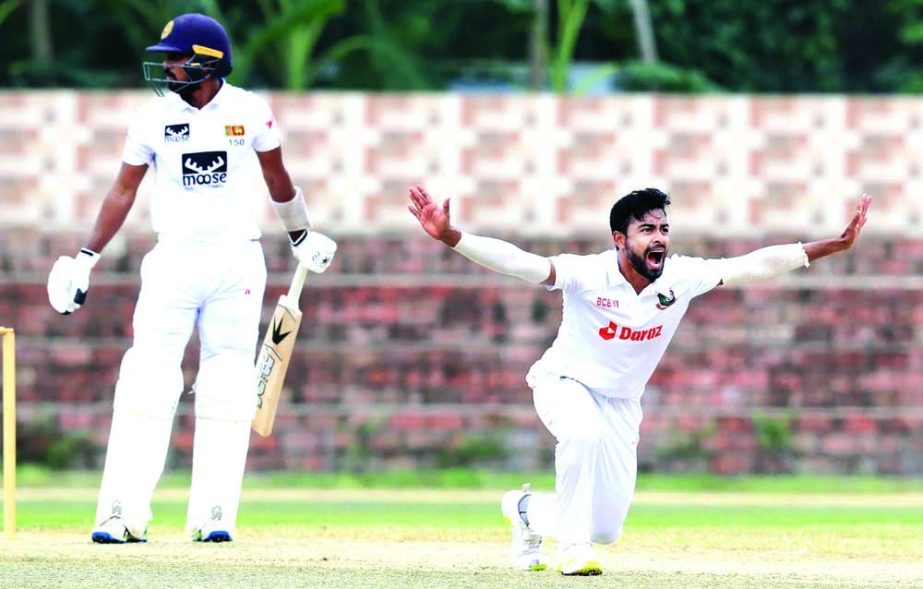 Abu Jayed (right) of BCB XI appeals for an out against Sri Lanka during the first day play of the two-day warm-up match at BKSP ground-3 in Savar on Tuesday. Agency photo