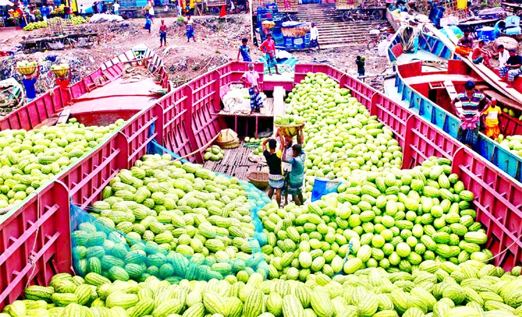 Workers are seen unloading watermelons from trawlers in city's Sadarghat area on Thursday.