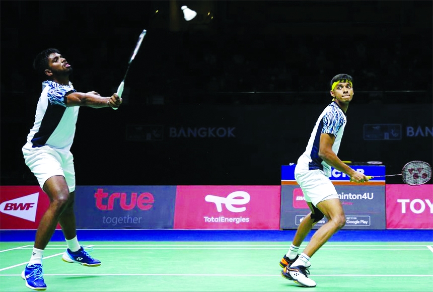 Satwiksairaj Rankireddy (left)Chirag Shetty of India compete in the doubles match against Kim AstrupMathias Christiansen of Denmark during a semi-final match at Thomas Cup badminton tournament in Bangkok, Thailand on Friday.