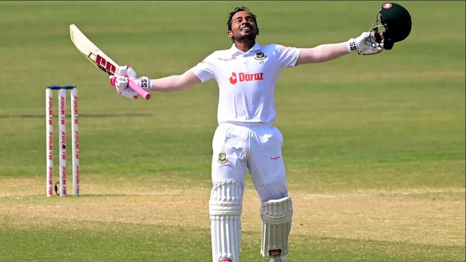 Mushfiqur Rahim celebrates after bringing up his eighth Test century against Sri Lanka on the fourth day of the first Test at the Zahur Ahmed Chowdhury Stadium in Chattogram on Wednesday. Agency photo