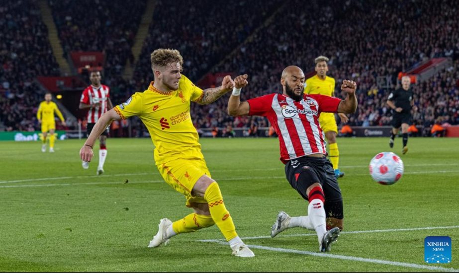 Liverpool's Harvey Elliott (left) shoots during the English Premier League match between Southampton and Liverpool in Southampton, Britain on Tuesday. Agency photo