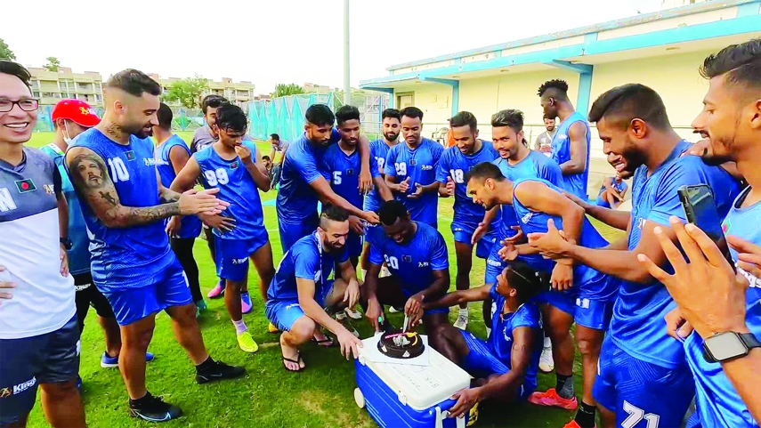 Members of Bashundhara Kings during their practice session at Kolkata on Friday.