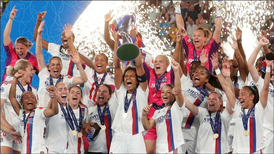 Lyon players celebrate after winning the Women's Champions League title at the Allianz Stadium in Turin, Italy on Saturday. Agency photo