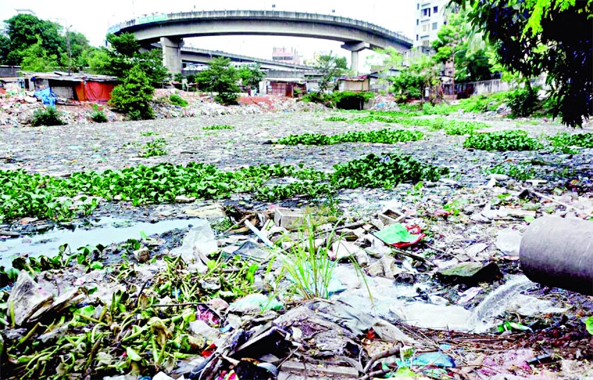 A slew of garbage is seen on Khilgaon canal that dumped by some inconsiderate city dwellers. Though, Dhaka North City Corporation took initiatives to clean different water bodies in the capital, it seems to callous to it. This photo was taken on Sunday.