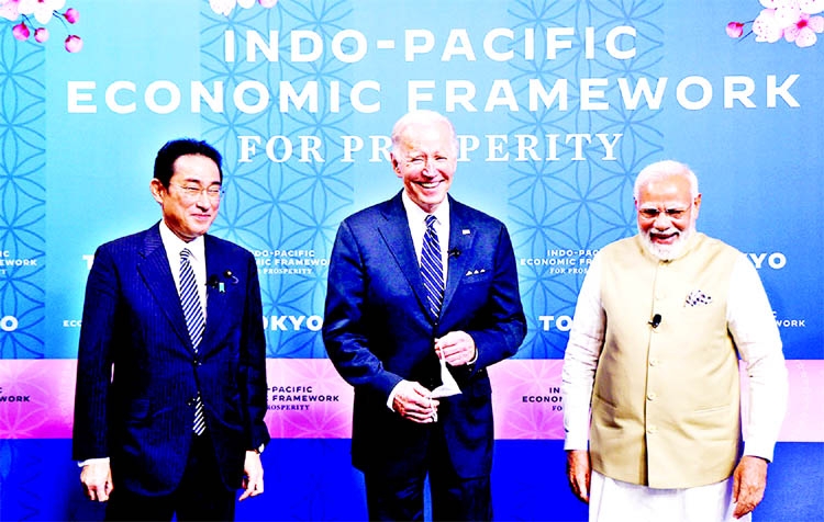 US President Joe Biden, India's Prime Minister Narendra Modi and Japan's Prime Minister Kishida attend the Indo-Pacific Economic Framework for Prosperity (IPEF) launch event at Izumi Garden Gallery in Tokyo on Monday.