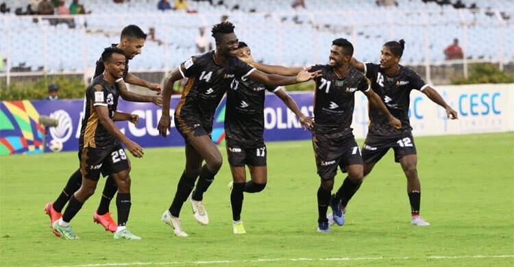 Players of Bashundhara Kings celebrate after scoring a goal against Gokulam Kerala FC in their third Group-D match of the AFC Cup at the Salt Lake Stadium in Kolkata on Tuesday. Agency photo