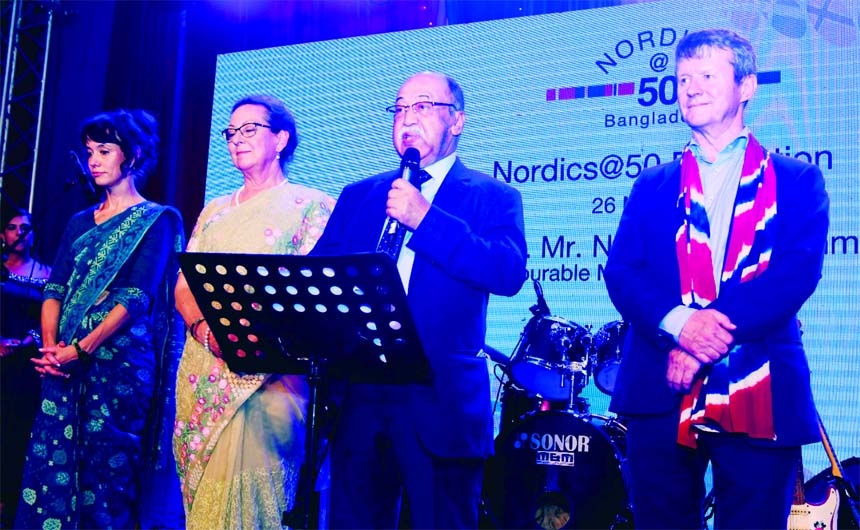 Industries Minister Nurul Mazid Mahmud Humayun speaks at a ceremony organized on the occasion of 50 years diplomatic relation of Denmark, Norway and Sweden with Bangladesh at Nordics Club in the city's Gulshan on Thursday.