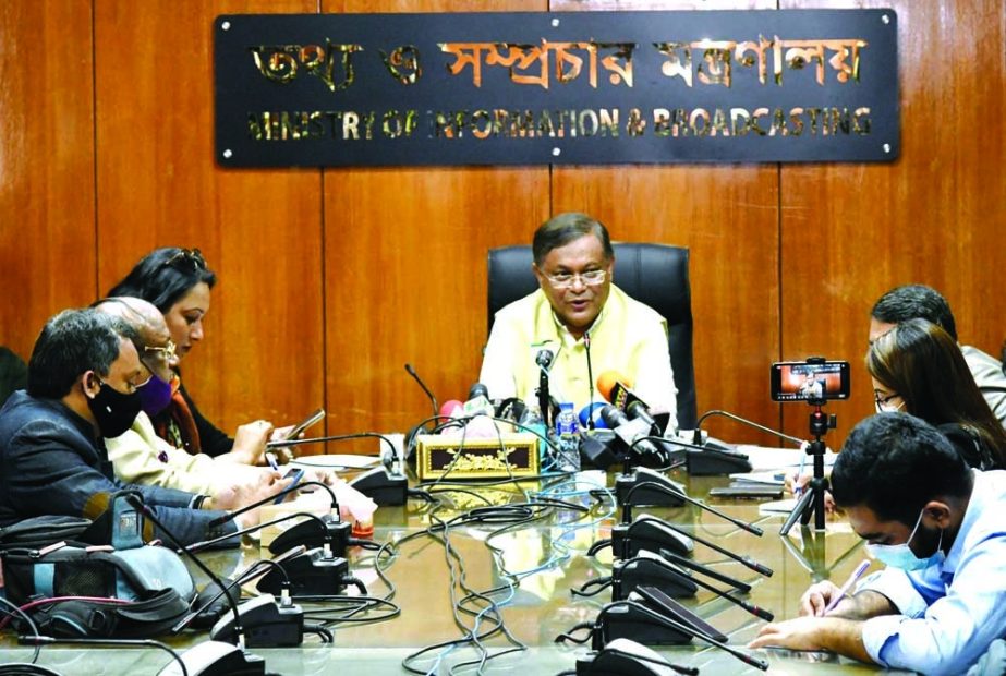 Information and Broadcasting Minister Dr Hasan Mahmud briefs about current affairs of journalists at the Ministry conference room in the Secretariat on Sunday. NN photo