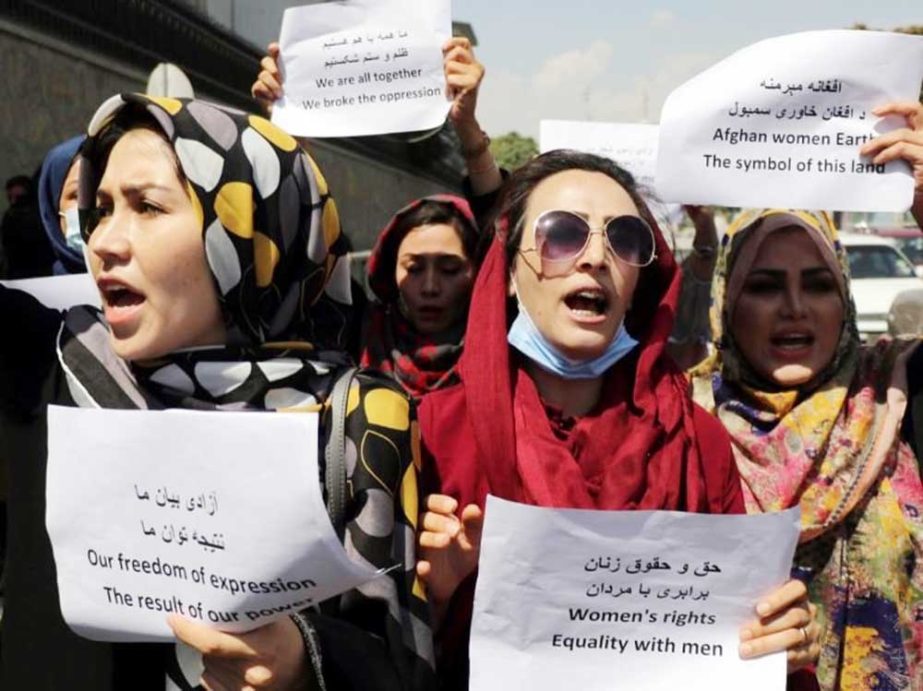 The Afghan women protesting the ban on female education, with call to lift restriction since the Prophet (Sm) said, education is compulsory for every Muslim man and every Muslim woman.. Agency photo