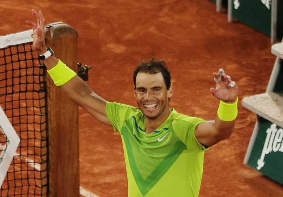 Spain's Rafael Nadal celebrates after winning against Serbia's Novak Djokovic at the end of their men's singles match on day ten of the Roland-Garros Open tennis tournament at the Court Philippe-Chatrier in Paris on Tuesday. Agency photo