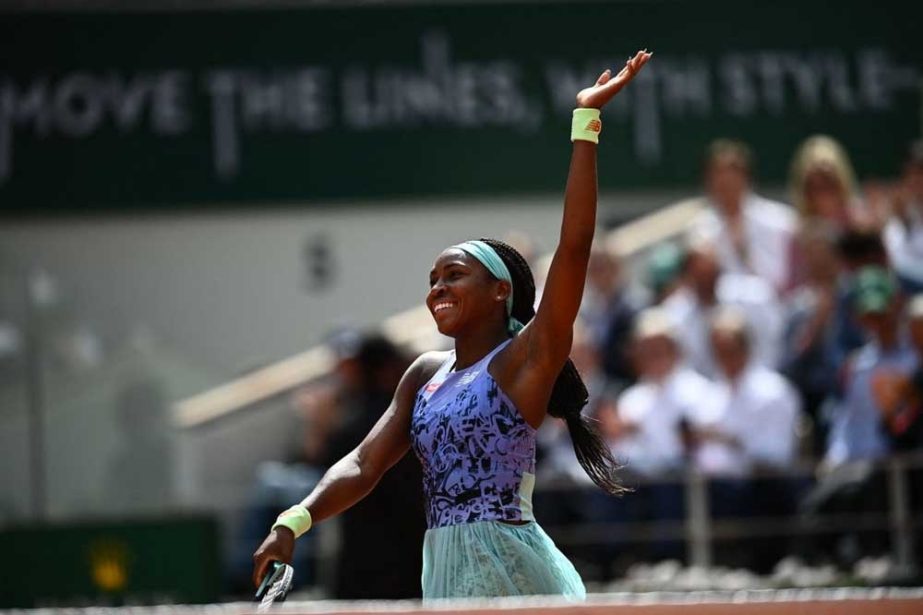 Coco Gauff of the U.S. celebrates winning the match against Sloane Stephens of the US during the French Open tennis tournament at the Roland Garros stadium in Paris on Tuesday. Agency photo