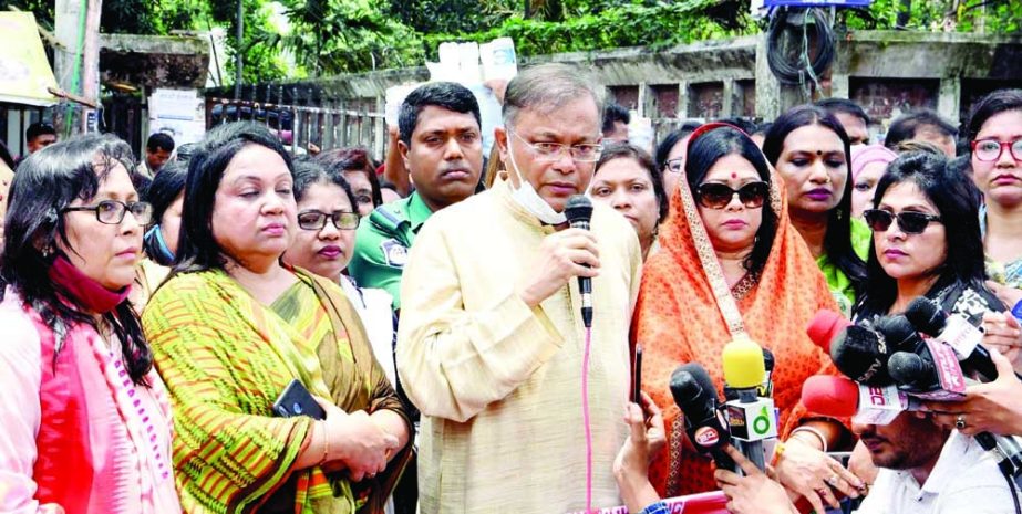 Information and Broadcasting Minister Dr Hasan Mahmud speaks at a protest rally of Jubo Mohila League at the National Press Club on Thursday. NN photo