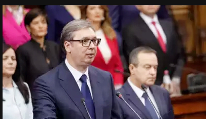 Serbia's President Aleksandar Vucic takes oath during the ceremony of his inauguration for a second term in Parliament building, in Belgrade, Serbia.