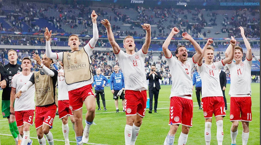 Denmark's players celebrate after winning the UEFA Nations League - League A Group 1 first leg football match between France and Denmark at the Stade de France in Saint-Denis, Paris on Friday.