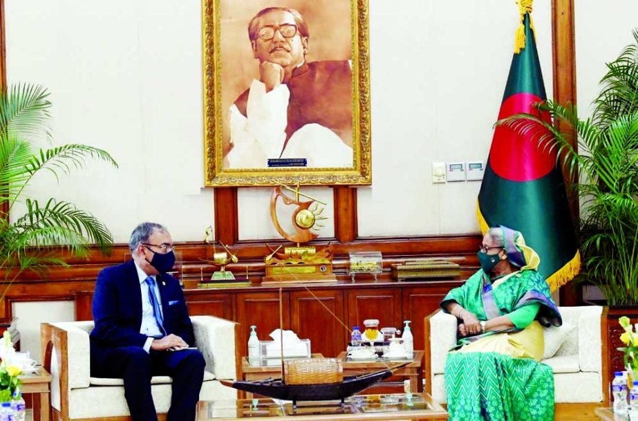 Secretary General of South Asian Association for Regional Cooperation (SAARC) Esala Ruwan Weerakun pays a courtesy call on Prime Minister Sheikh Hasina at Ganobhaban on Sunday. PID photo