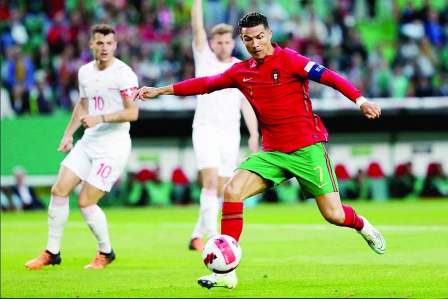 Portugal's Cristiano Ronaldo shoots during the UEFA Nations League football match between Portugal and Switzerland in Lisbon, Portugal on Sunday. Agency photo