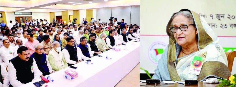 Prime Minister Sheikh Hasina speaks at a discussion on 'Historic 6-Point Day' at the AL Central Office in the city's Bangabandhu Avenue on Tuesday through video conference from Ganabhaban. PID photo