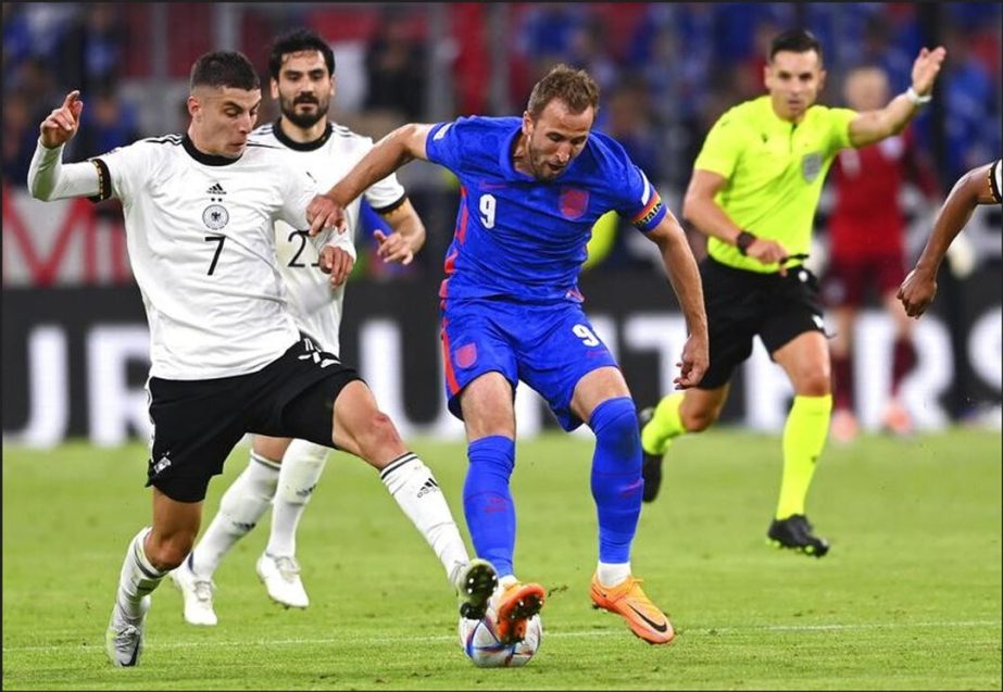 Germany's Kai Havertz (left) challenges for the ball with England's Harry Kane during the UEFA Nations League soccer match between Germany and England at the Allianz Arena in Munich, Germany on Tuesday. AP photo