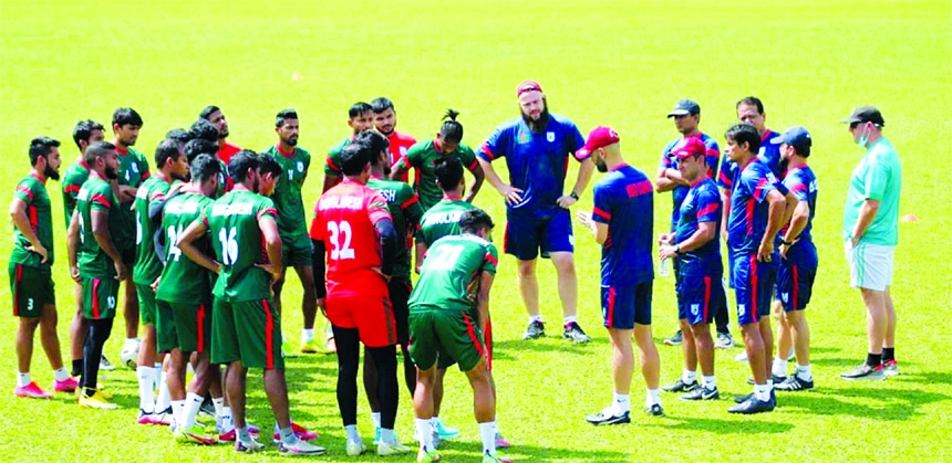 Members of Bangladesh Football team take part in their practice session at Kuala Lumpur, the capital city of Malaysia on Thursday.