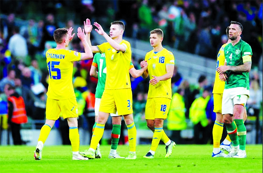 Ukraine's Viktor Tsygankov (left) celebrates after winning the match of Nations League Group E against Republic of Ireland at the Aviva Stadium, Dublin, Republic of Ireland on Wednesday.