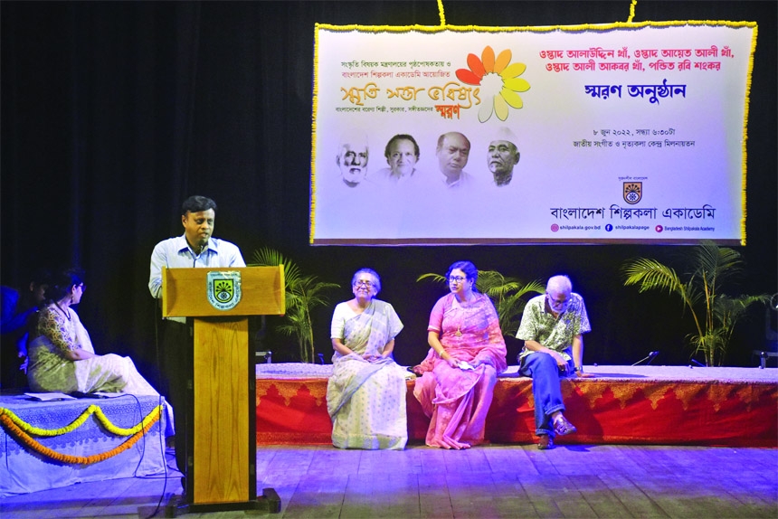 Secretary of Bangladesh Shilpakala Academy Md Asaduzzaman delivering the honorary speech at the inaugural ceremony of the seven-day long programme organised by BSA at its Music and Dance Centre Auditorium in the capital’s Segunbagicha area.