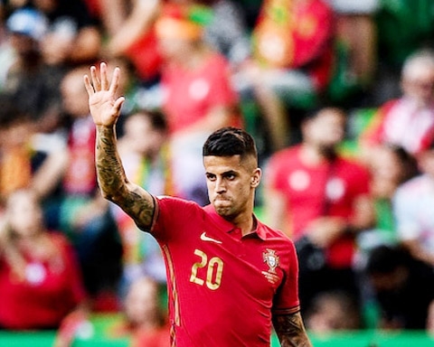 Joao Cancelo celebrates after scoring during Portugal's 2-0 win over Czech Republic in their UEFA Nations League match on Thursday.