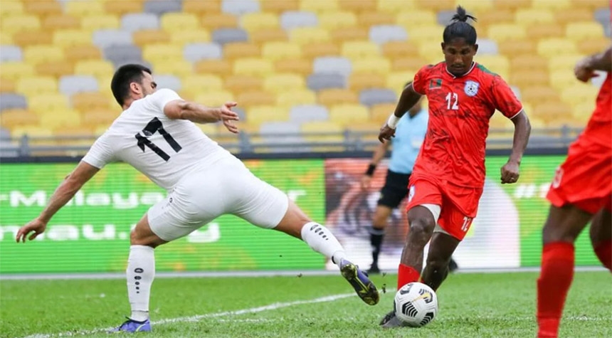 A moment of the match of the AFC Asian Cup Qualifiers 2023 between Bangladesh and Turkmenistan at the Bukit Jalil National Stadium in Kuala Lumpur, Malaysia on Saturday.