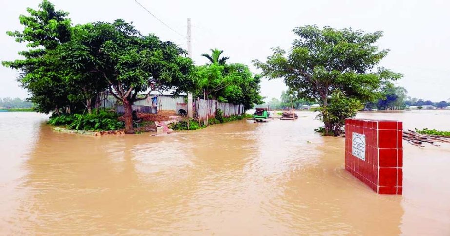 A low-lying area under Roumari upazila in Kurigram district inundated by flash flood triggered by the recent rains and onrush of upstream water. This photo was taken on Sunday. Agency photo