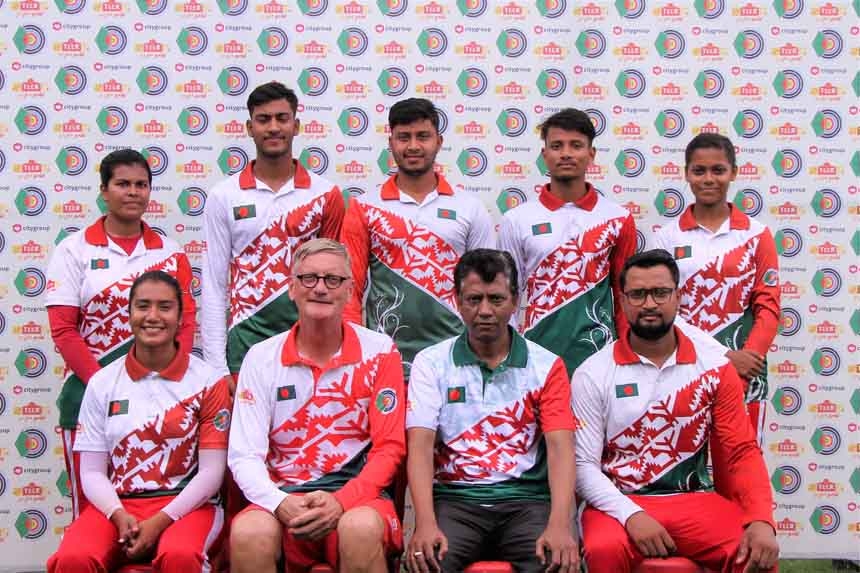 A 10-member Bangladesh archery team pose for photo session on Saturday to take part in the Archery World Cup Stage-3 scheduled to be held from June 21 to 26 in Paris, the capital of France.
