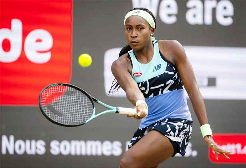 Coco Gauff from the United States in action against Karolina Pliskova during the WTA tournament in Berlin, Germany.