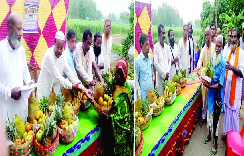 TARASH (Sirajganj):Fruits distribute a among destitute and old people at Ghargram of Magura Binod Union No. 4 was organised by Atmashuddhi and Manab Kalyan Sangha on Friday.