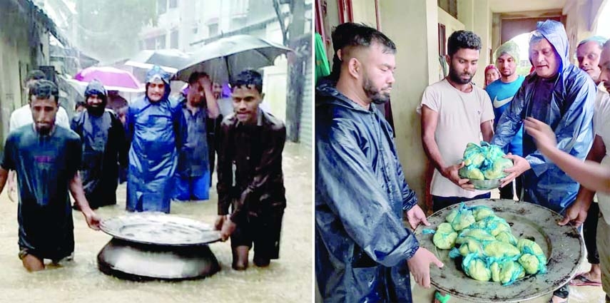 SYLHET: Councillor Md Toufik Bask Lipon, Panel Mayor, Sylhet City Corporation distributes foods among the flooded people in Sylhet on Monday.