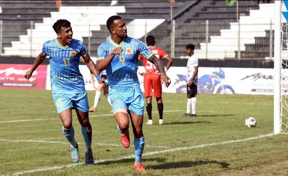 Players of Dhaka Abahani Limited celebrate after scoring a goal against Dhaka Mohammedan Sporting Club Limited in their match of the TVS Bangladesh Premier League Football at Bhasha Sainik Dhirendranath Dutta Stadium in Cumilla on Wednesday. Agency photo
