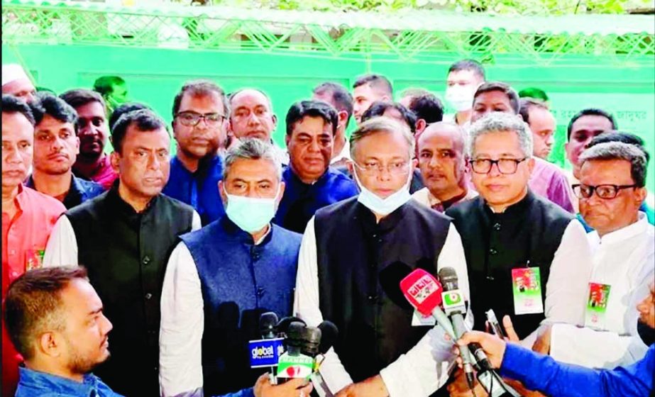 Information and Broadcasting Minister Dr. Hasan Mahmud speaks with journalists after placing floral wreaths at the portrait of Bangabandhu in the city's 32 Dhanmondi on Thursday marking the 73rd founding anniversary of AL. NN photo