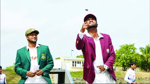 Captain of West Indies Cricket Test team Kraigg Brathwaite (right) engaged in coin-session during the first day play of the second Test against Bangladesh at Darren Sammy Stadium in Gros Islet, Saint Lucia on Friday.
