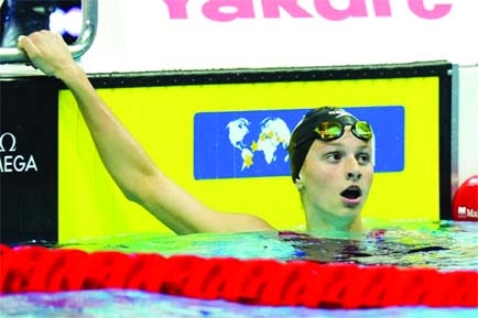 Summer McIntosh of Canada looks back after winning the women's 200m Butterfly final at the 19th FINA World Championships in Budapest, Hungary on Wednesday.