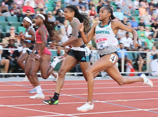 Melissa Jefferson (right) wins women's 100m sprint at the US trials in Eugene in 10.69sec on Friday.